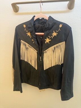 3B West By Tansmith Black Leather Jacket with Cream Fringe & Embroidered Flowers